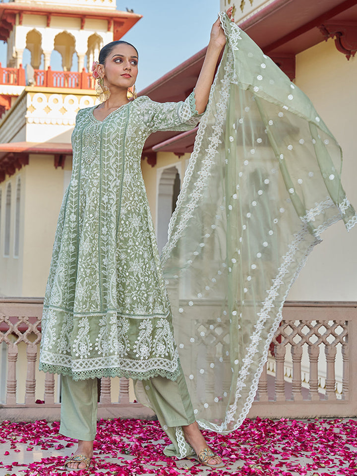 Olive-Viscose-Georgette-Chickankari-Embroidered-Anarkali-Set