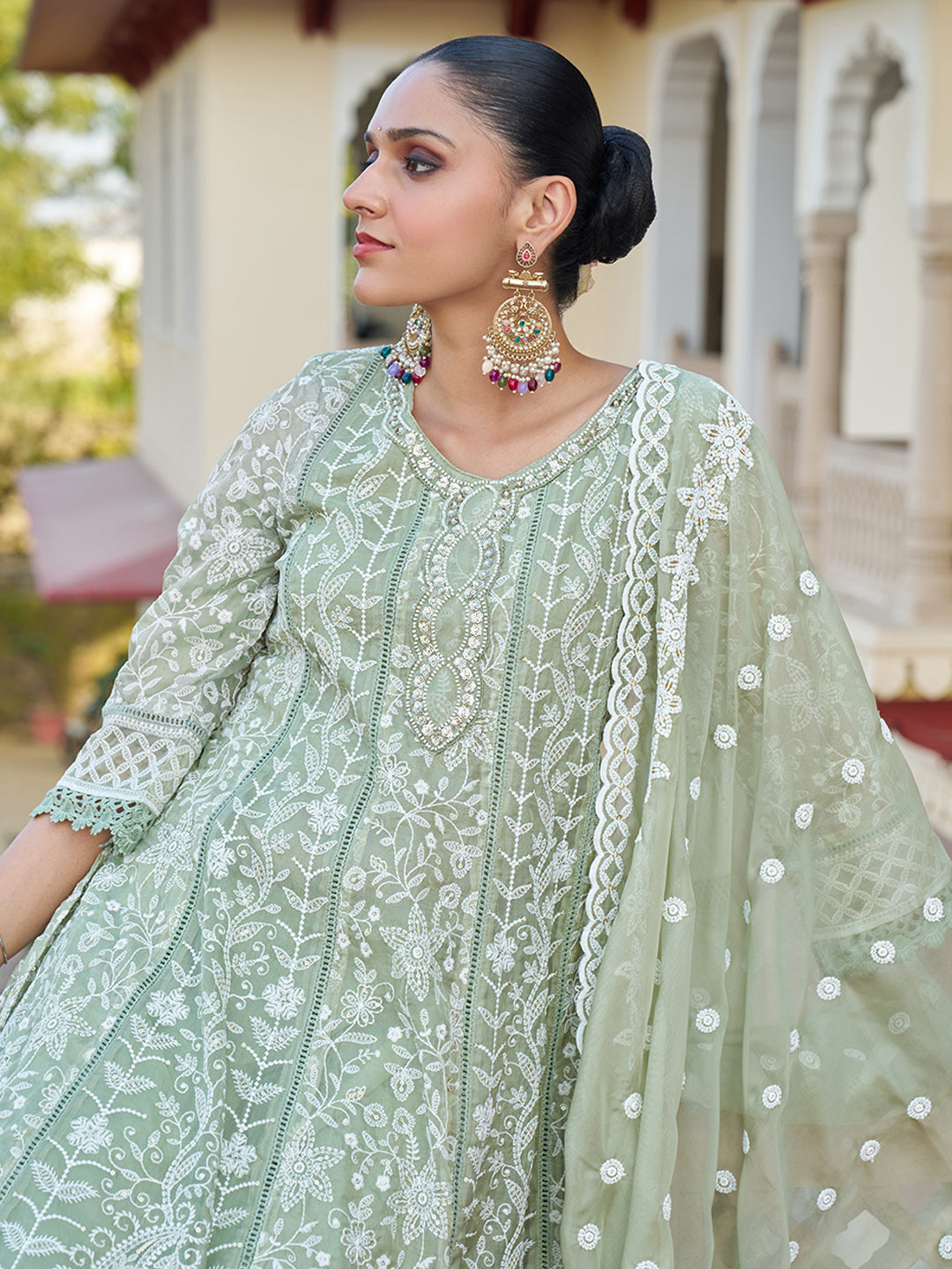 Olive-Viscose-Georgette-Chickankari-Embroidered-Anarkali-Set