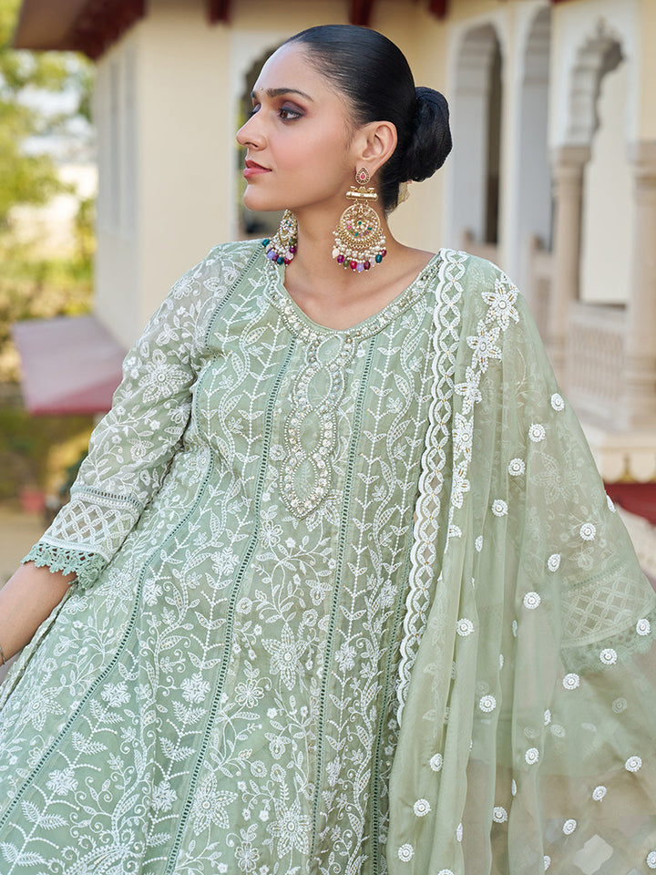 Olive-Viscose-Georgette-Chickankari-Embroidered-Anarkali-Set