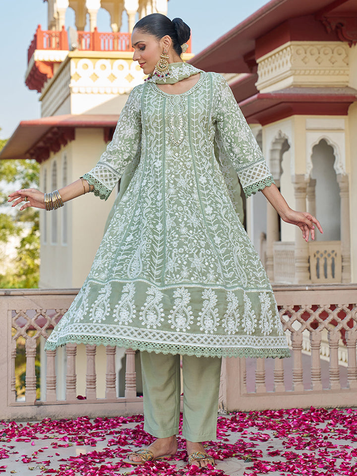 Olive-Viscose-Georgette-Chickankari-Embroidered-Anarkali-Set