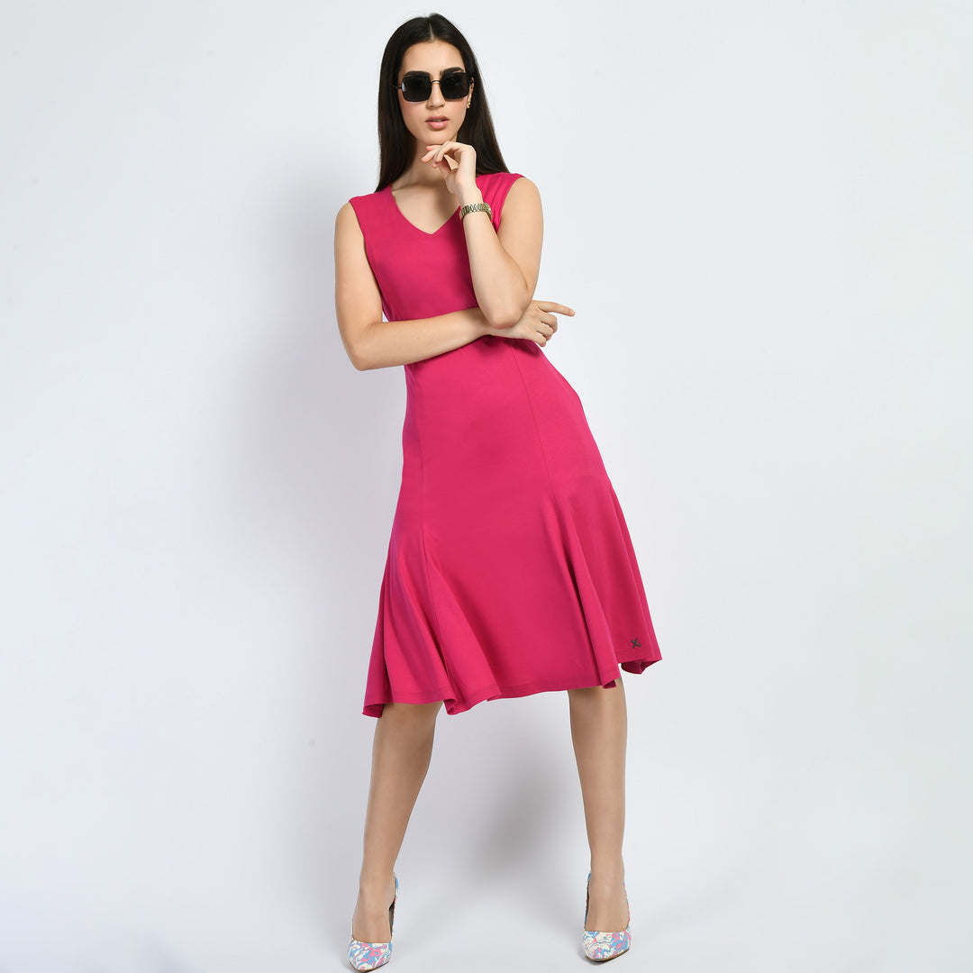Hot-Pink-Cotton-Blend-Appeal-Flared-V-Neck-Dress