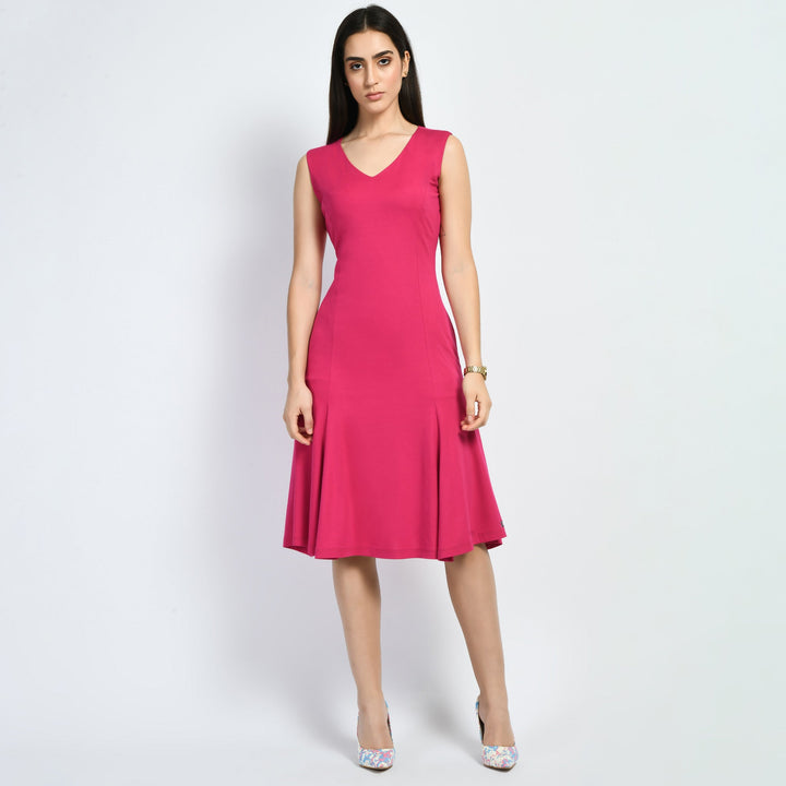 Hot-Pink-Cotton-Blend-Appeal-Flared-V-Neck-Dress