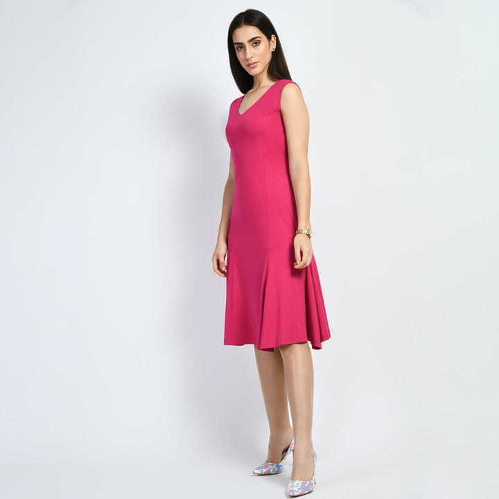 Hot-Pink-Cotton-Blend-Appeal-Flared-V-Neck-Dress