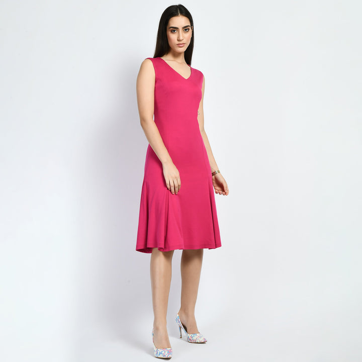 Hot-Pink-Cotton-Blend-Appeal-Flared-V-Neck-Dress