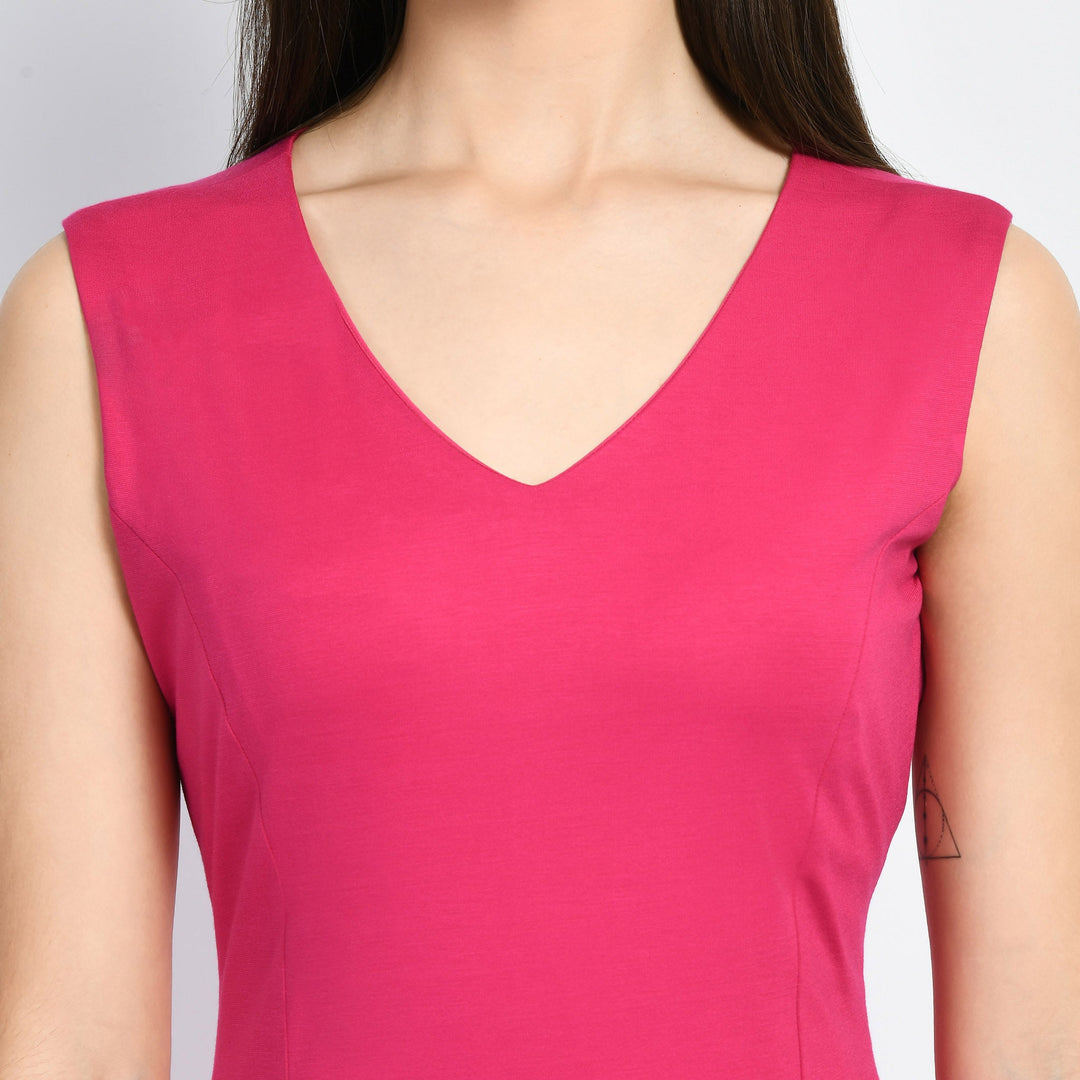 Hot-Pink-Cotton-Blend-Appeal-Flared-V-Neck-Dress