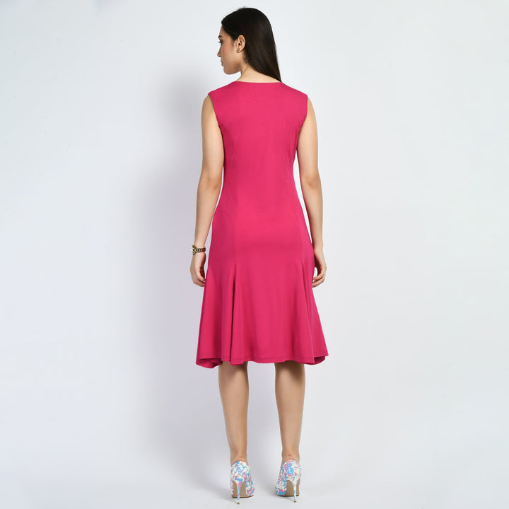 Hot-Pink-Cotton-Blend-Appeal-Flared-V-Neck-Dress