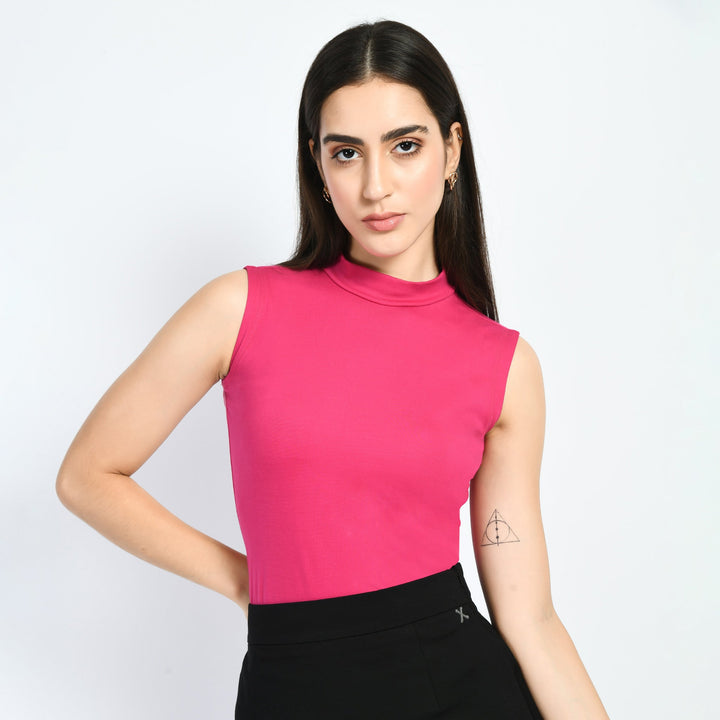 Hot-Pink-Cotton-Blend-Charm-High-Neck-Sleeveless-T-Shirt