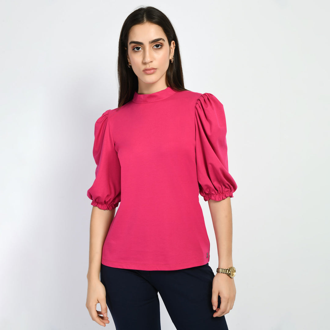 Hot-Pink-Cotton-Blend-Glamour-Puffed-Sleeves-T-Shirt