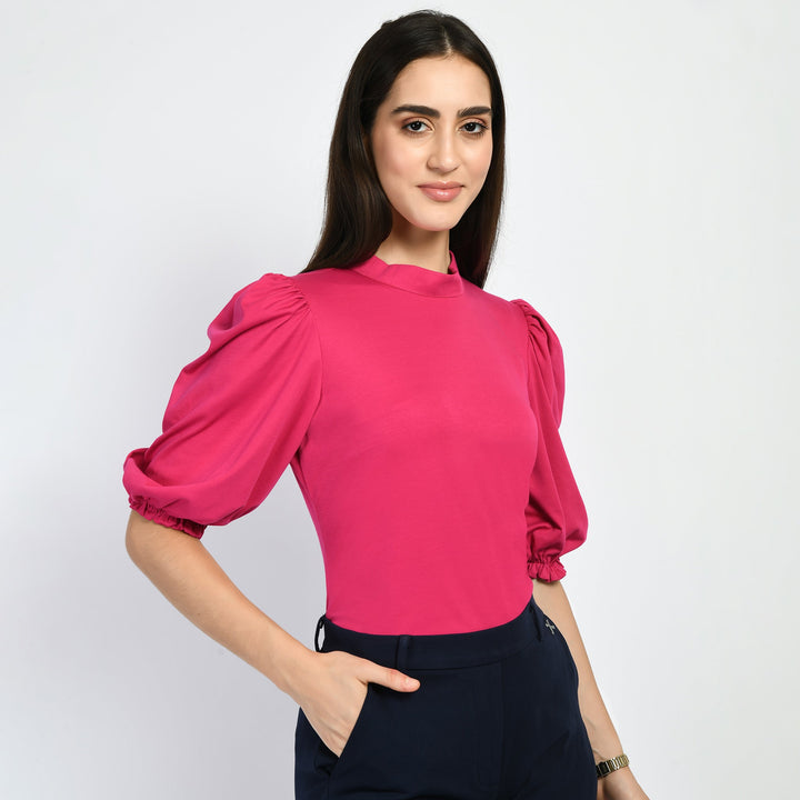 Hot-Pink-Cotton-Blend-Glamour-Puffed-Sleeves-T-Shirt