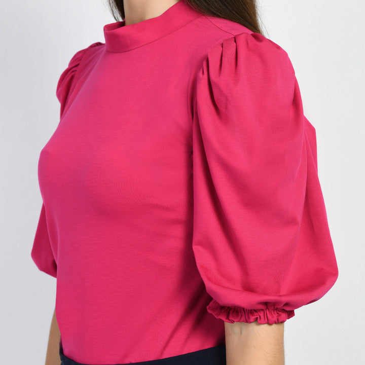 Hot-Pink-Cotton-Blend-Glamour-Puffed-Sleeves-T-Shirt