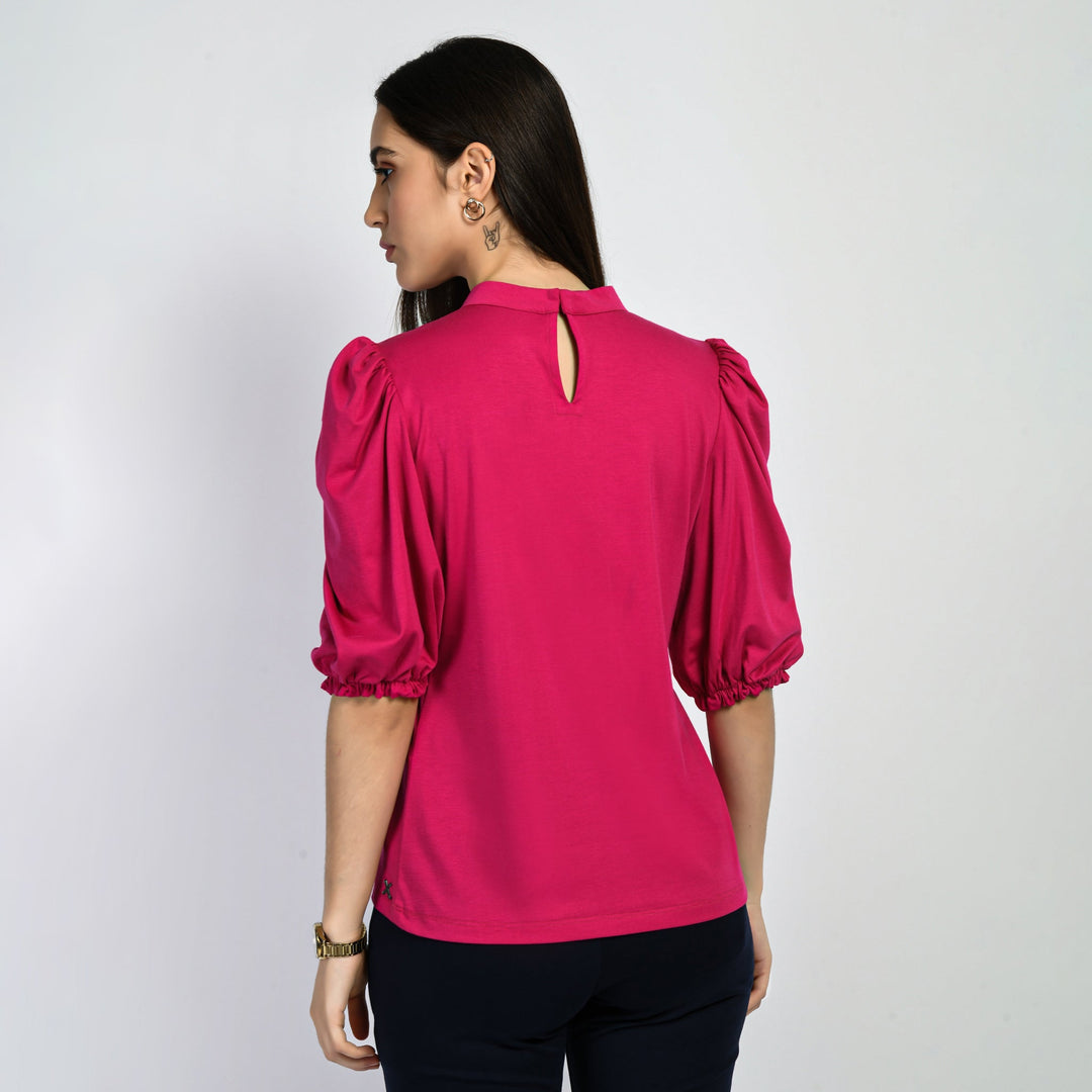 Hot-Pink-Cotton-Blend-Glamour-Puffed-Sleeves-T-Shirt