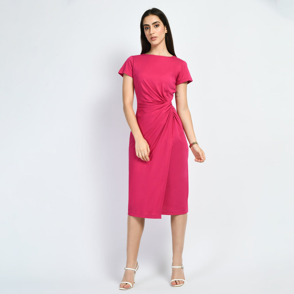 Hot-Pink-Cotton-Blend-Luminosity-Side-Knot-Wrap-Dress