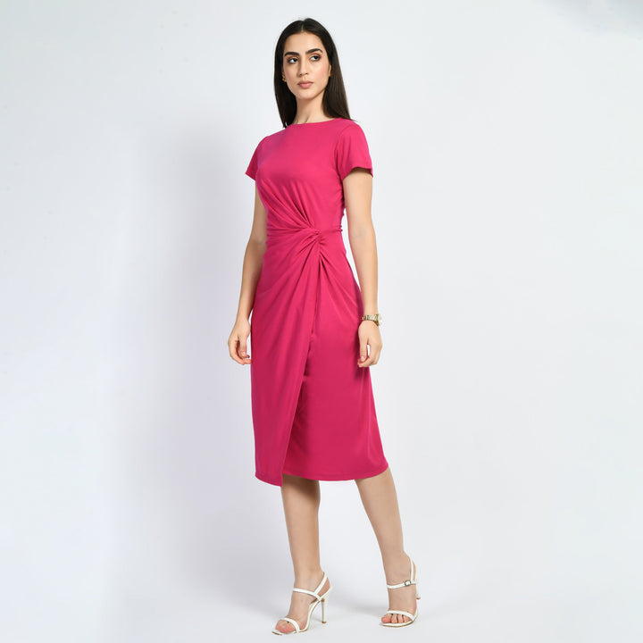 Hot-Pink-Cotton-Blend-Luminosity-Side-Knot-Wrap-Dress