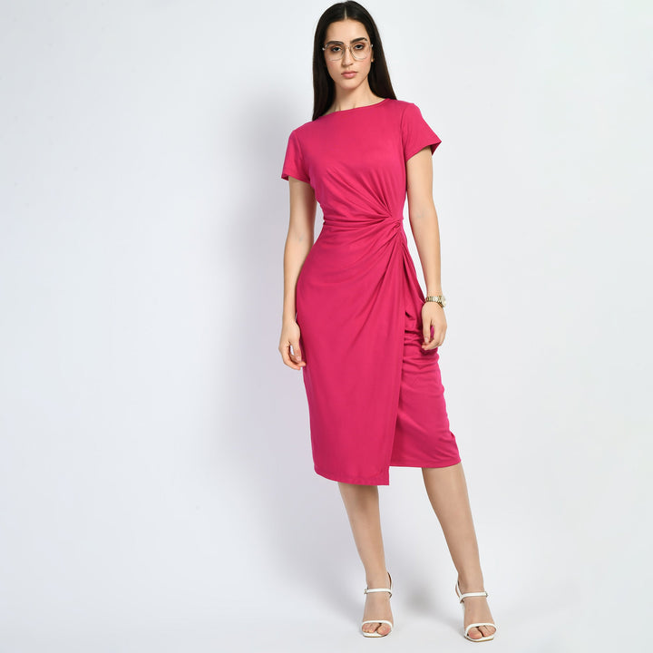 Hot-Pink-Cotton-Blend-Luminosity-Side-Knot-Wrap-Dress