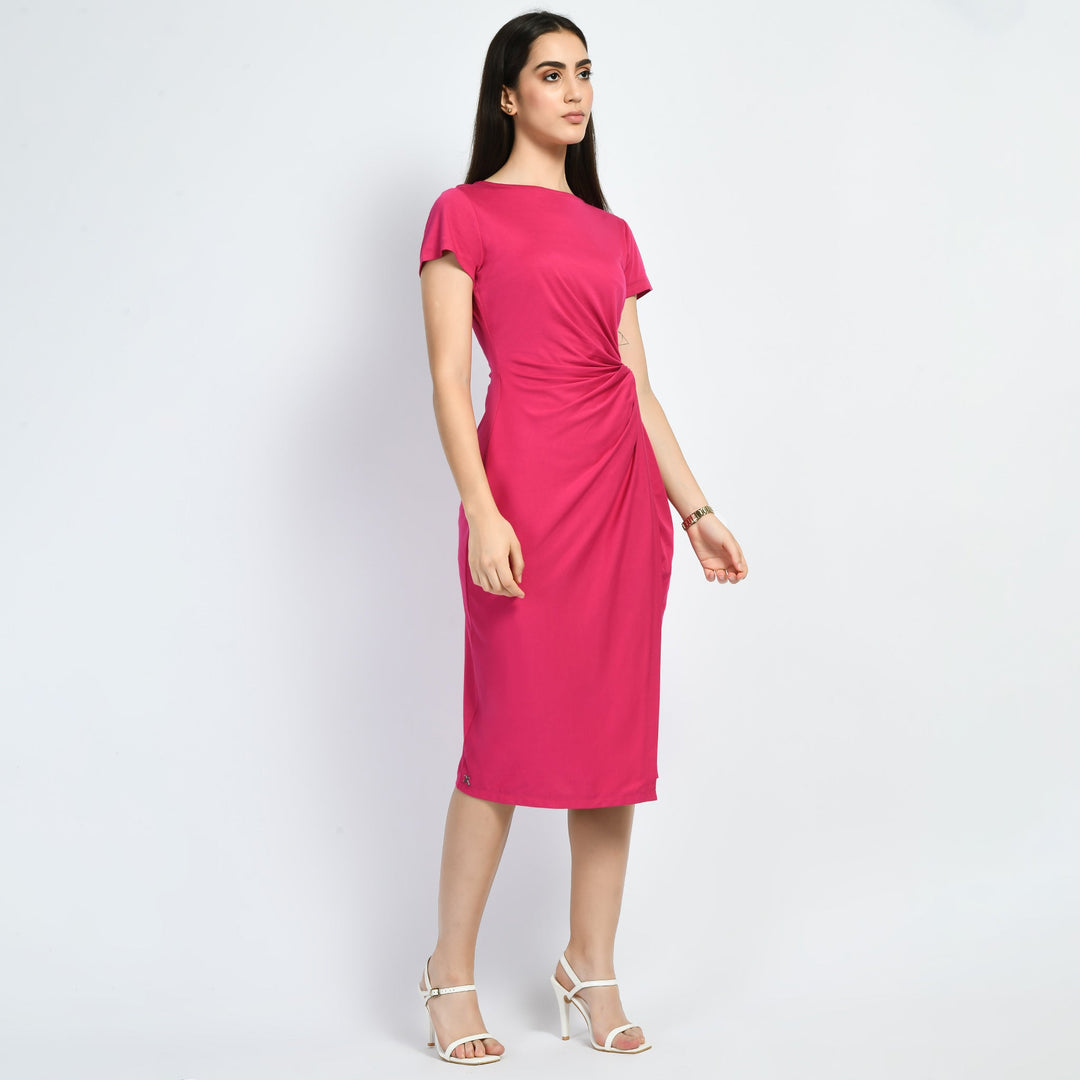 Hot-Pink-Cotton-Blend-Luminosity-Side-Knot-Wrap-Dress