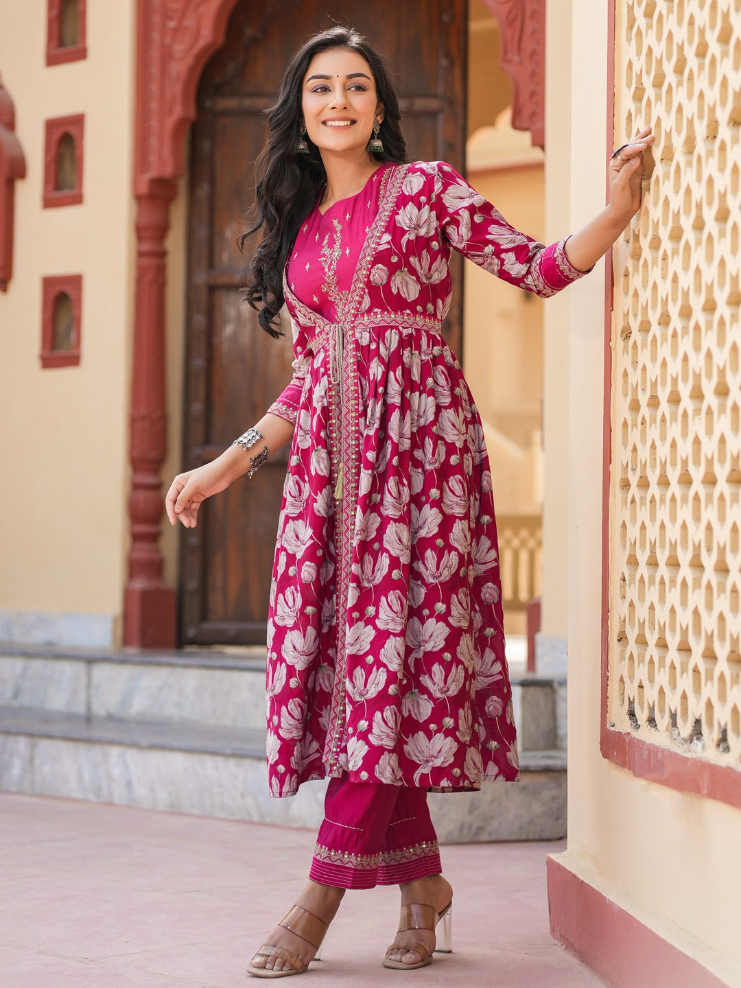 Hot-Pink-Chanderi-Silk-Embroidered-Shrug-Crop-Top-Co-Ord-Set