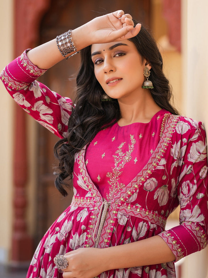 Hot-Pink-Chanderi-Silk-Embroidered-Shrug-Crop-Top-Co-Ord-Set