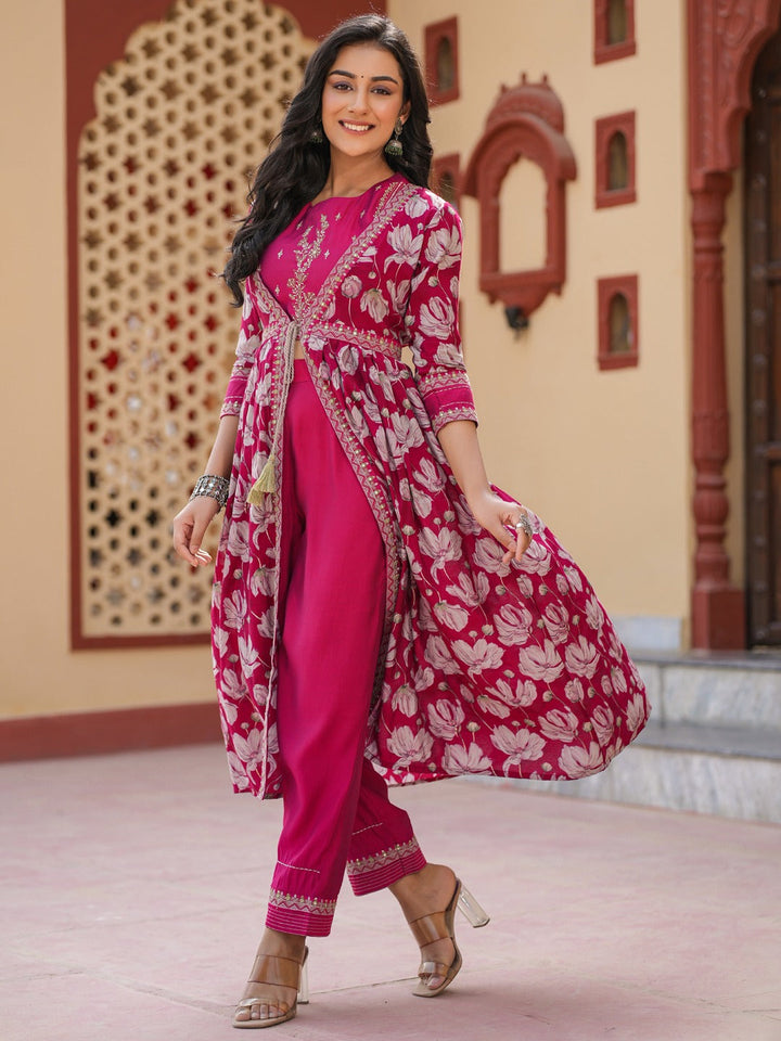 Hot-Pink-Chanderi-Silk-Embroidered-Shrug-Crop-Top-Co-Ord-Set