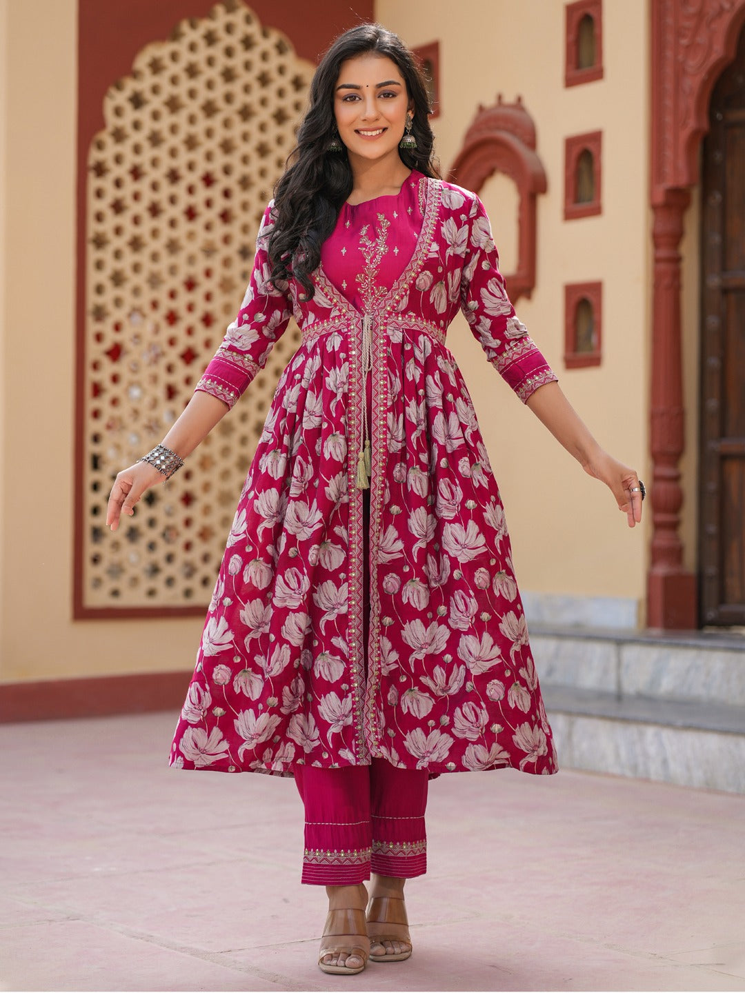 Hot-Pink-Chanderi-Silk-Embroidered-Shrug-Crop-Top-Co-Ord-Set