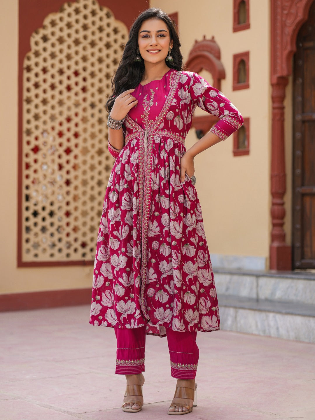 Hot-Pink-Chanderi-Silk-Embroidered-Shrug-Crop-Top-Co-Ord-Set