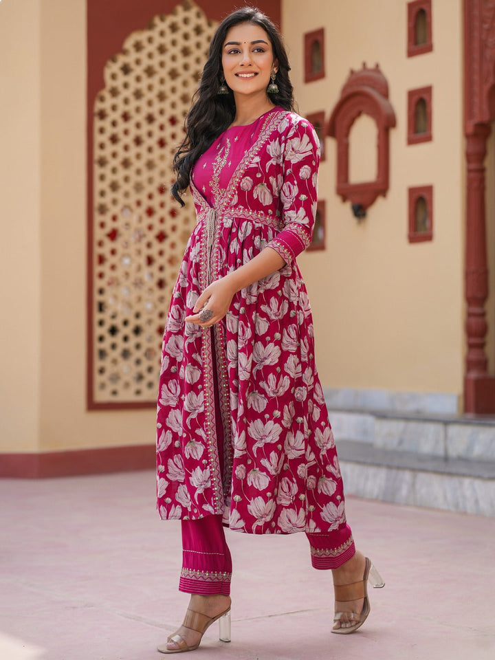 Hot-Pink-Chanderi-Silk-Embroidered-Shrug-Crop-Top-Co-Ord-Set