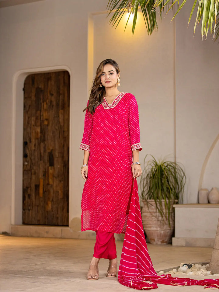 Hot-Pink-Georgette-Lehriya-Straight-3-Piece-Kurta-Set