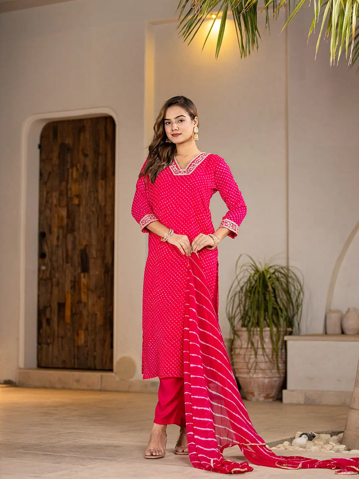 Hot-Pink-Georgette-Lehriya-Straight-3-Piece-Kurta-Set