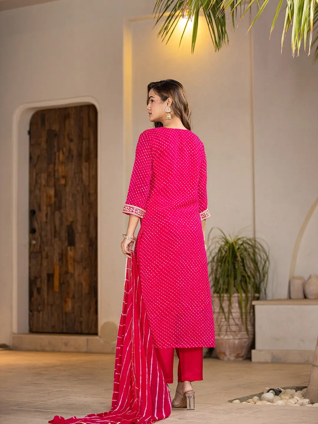 Hot-Pink-Georgette-Lehriya-Straight-3-Piece-Kurta-Set