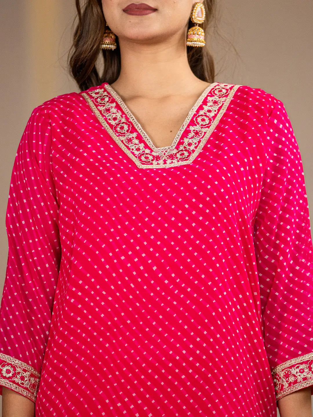 Hot-Pink-Georgette-Lehriya-Straight-3-Piece-Kurta-Set