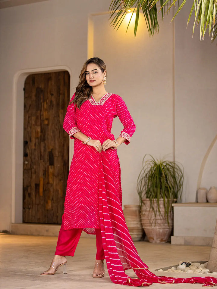 Hot-Pink-Georgette-Lehriya-Straight-3-Piece-Kurta-Set