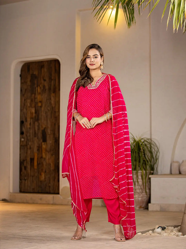 Hot-Pink-Georgette-Lehriya-Straight-3-Piece-Kurta-Set