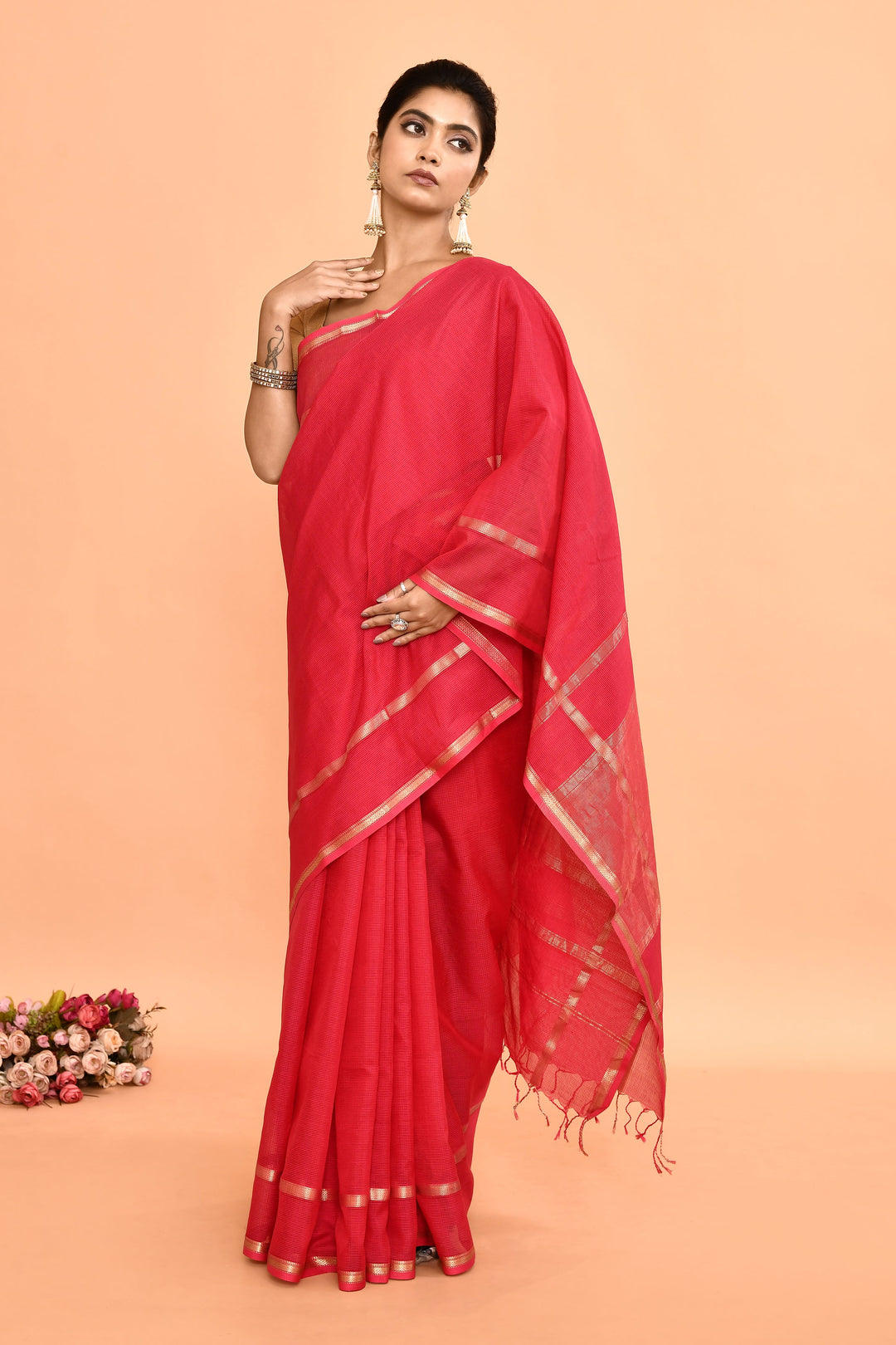 Hot-Pink-Maheshwari-Double-Border-Check-Saree