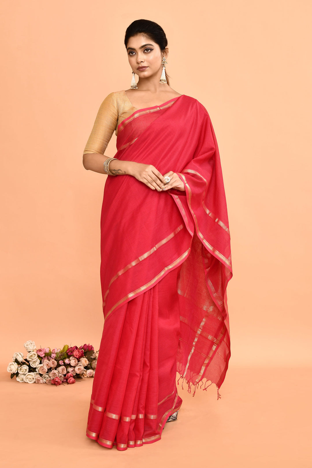 Hot-Pink-Maheshwari-Double-Border-Check-Saree