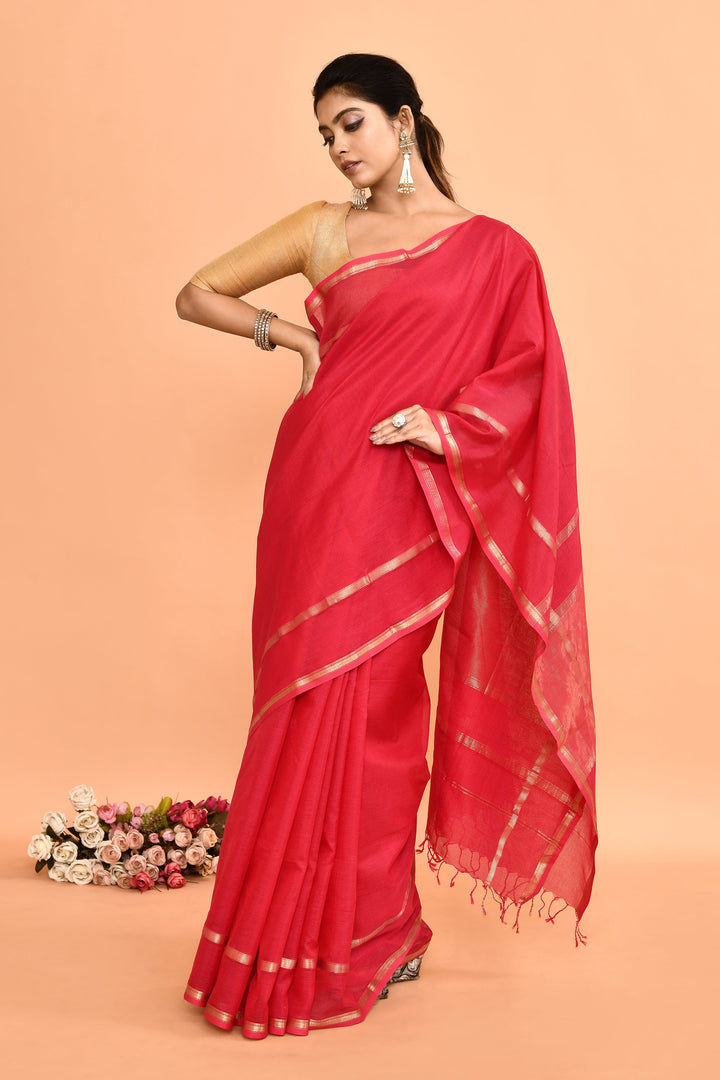 Hot-Pink-Maheshwari-Double-Border-Check-Saree