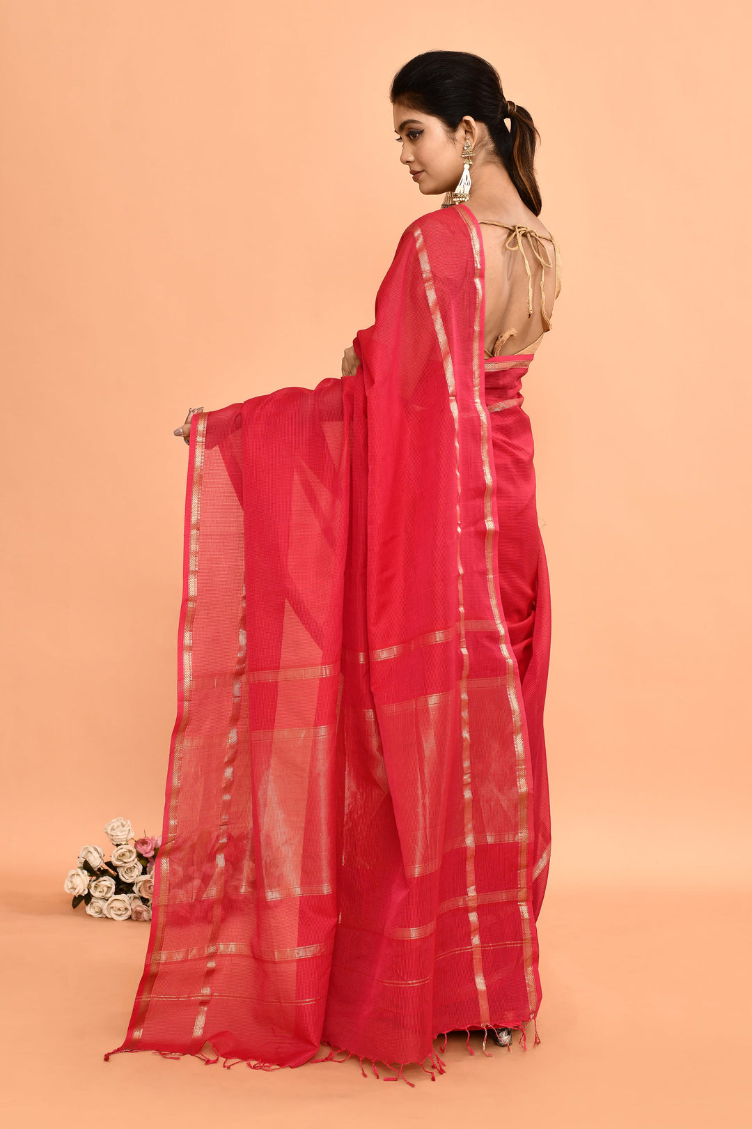 Hot-Pink-Maheshwari-Double-Border-Check-Saree