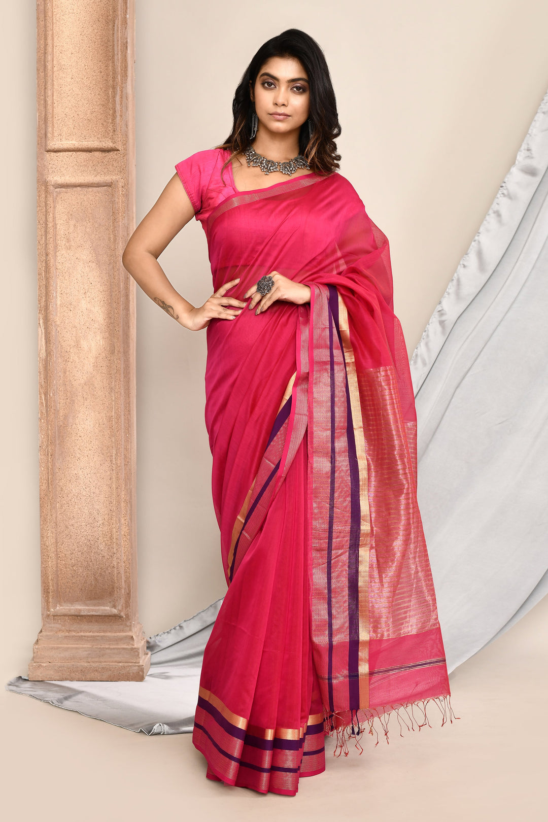 Hot-Pink-Maheshwari-Saree-Double-Border-Saree