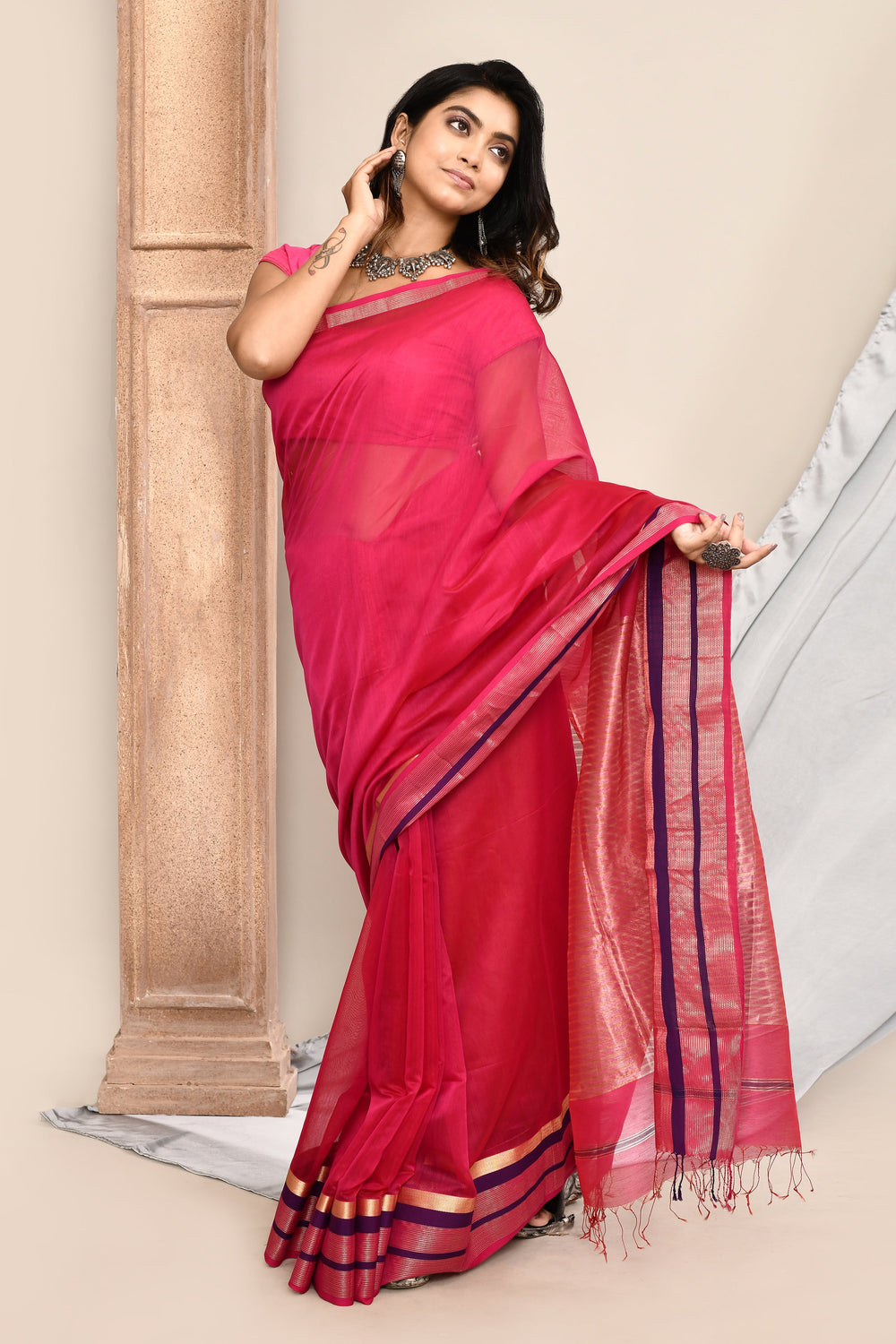 Hot-Pink-Maheshwari-Saree-Double-Border-Saree