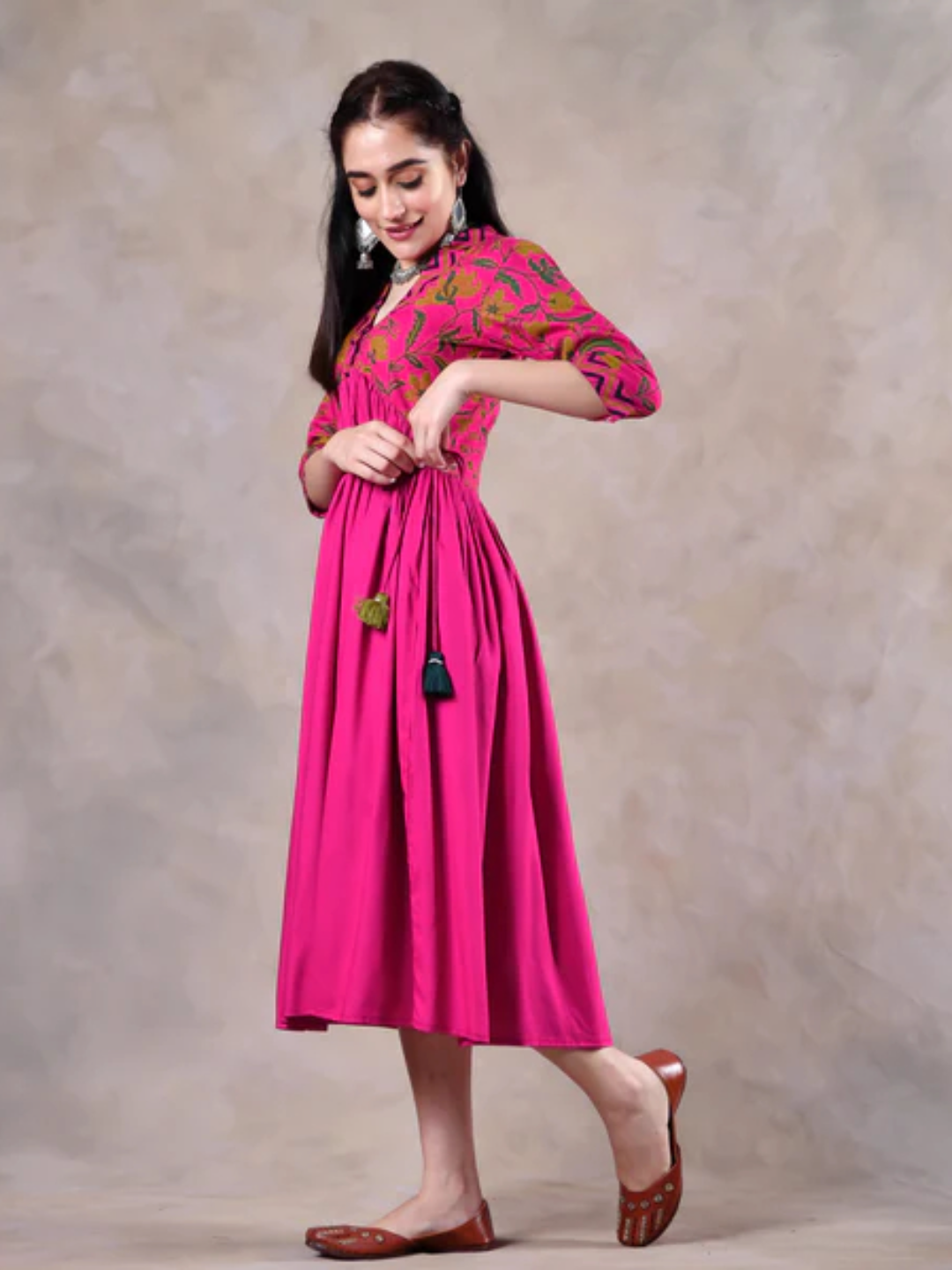 Hot-Pink-V-Neck-Gathered-Dress-With-Tassels