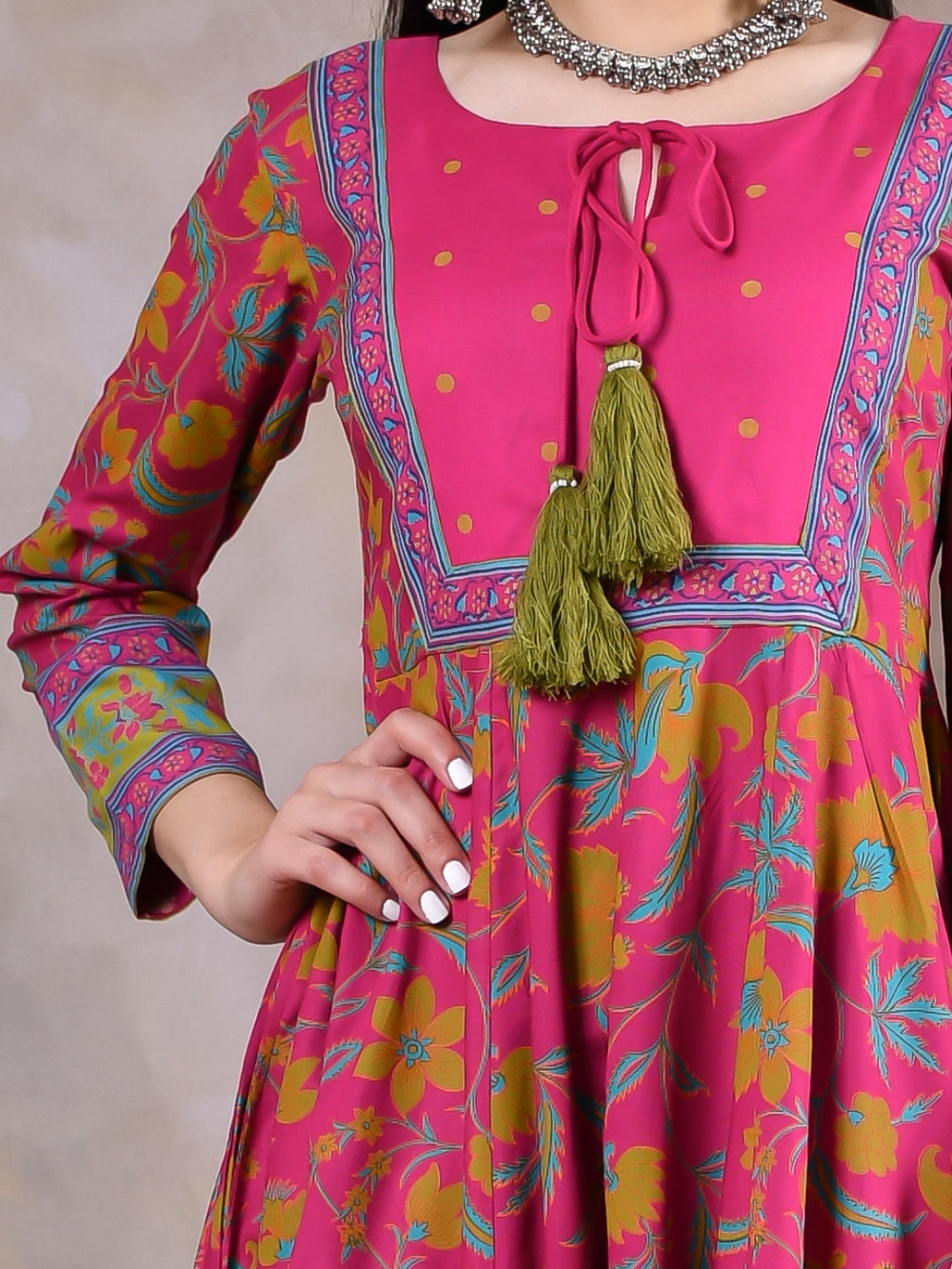 Hot Pink & Ochre Floral Dress With Hem Detail