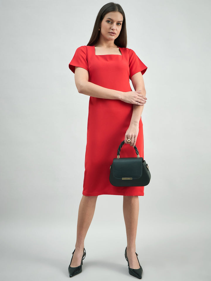 Hot-Red-Polyester-Square-Neck-Stretchable-Midi-Dress