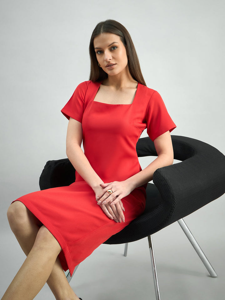 Hot-Red-Polyester-Square-Neck-Stretchable-Midi-Dress