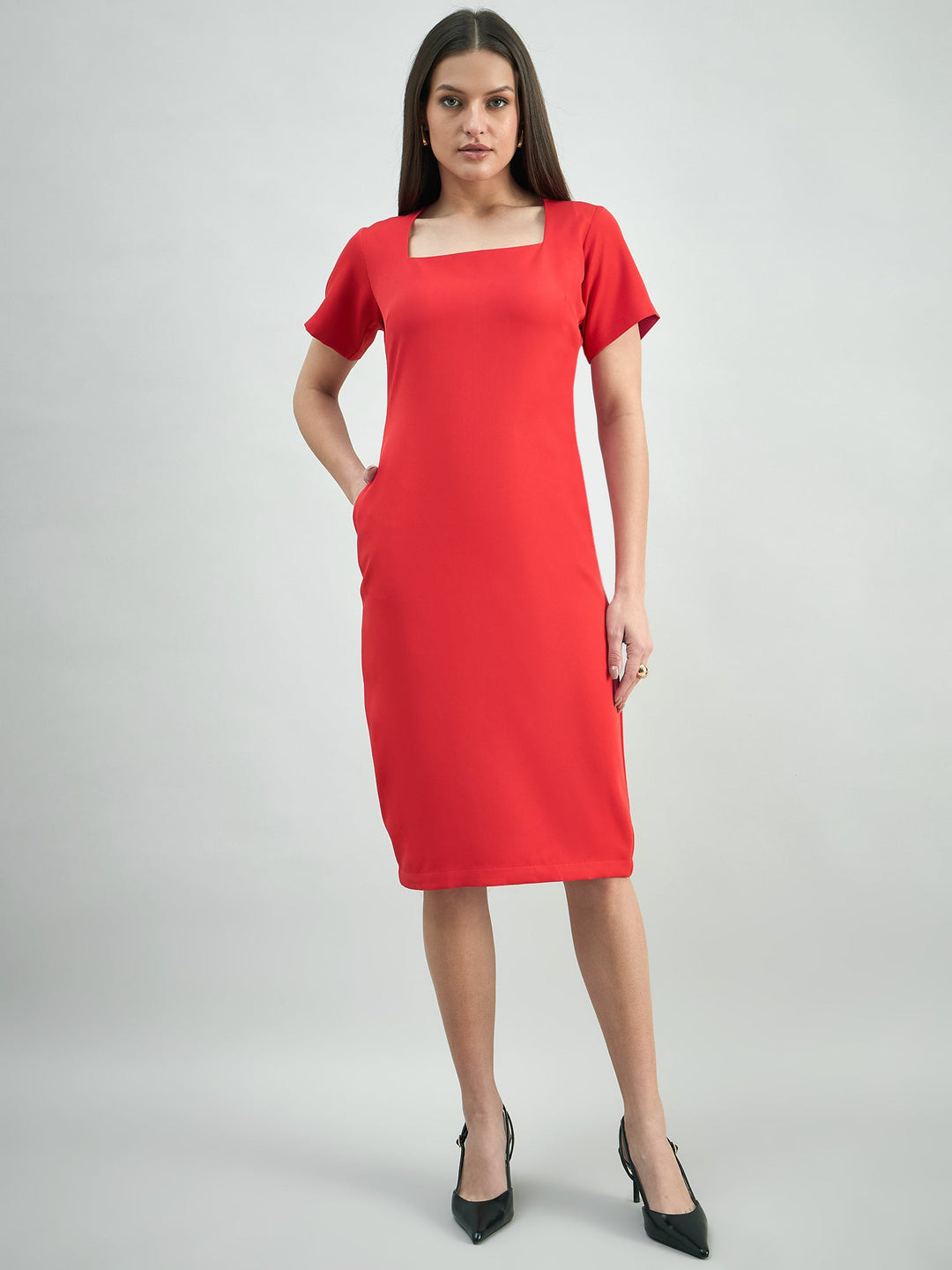 Hot-Red-Polyester-Square-Neck-Stretchable-Midi-Dress