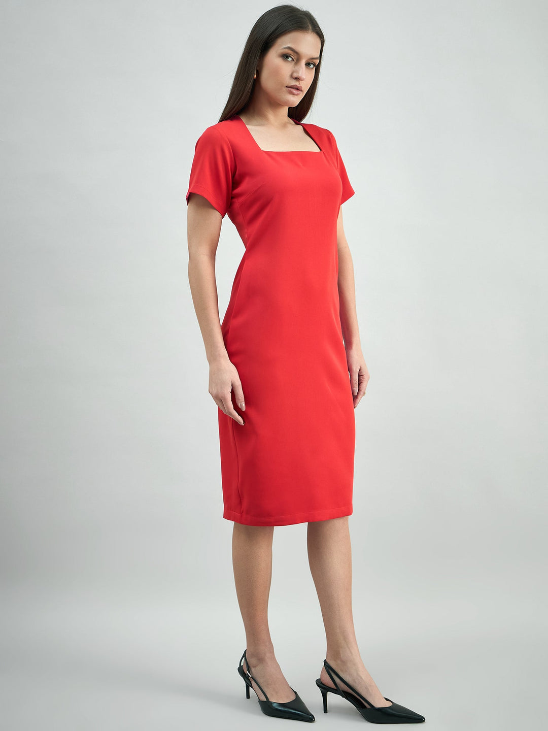 Hot-Red-Polyester-Square-Neck-Stretchable-Midi-Dress