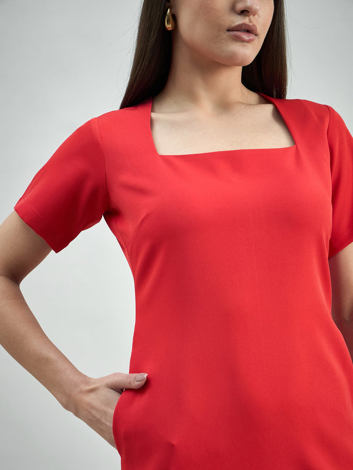 Hot-Red-Polyester-Square-Neck-Stretchable-Midi-Dress