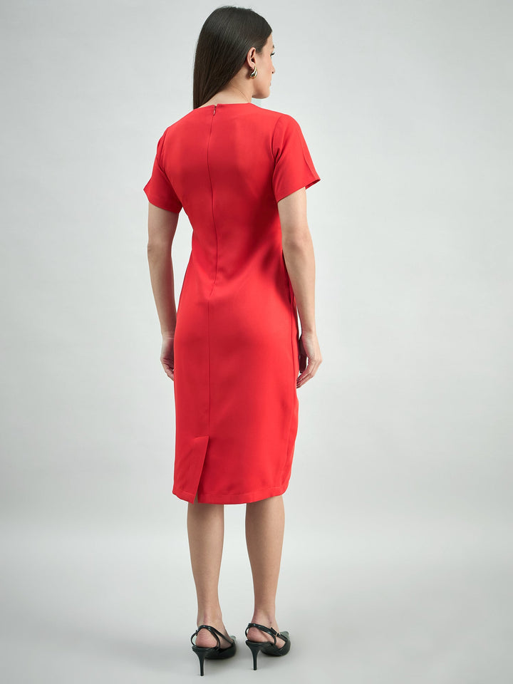 Hot-Red-Polyester-Square-Neck-Stretchable-Midi-Dress