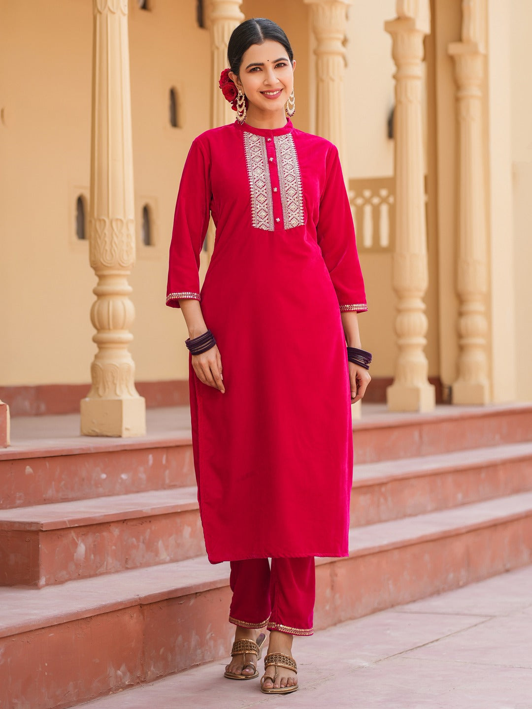 Hot-Pink-Velvet-Zari-Work-Straight-3-Piece-Kurta-Set