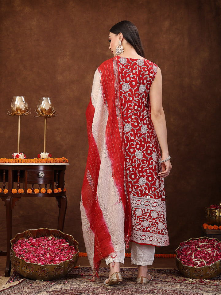 Red-Rayon-Printed-Embroidered-A-Line-3-Piece-Kurta-Set