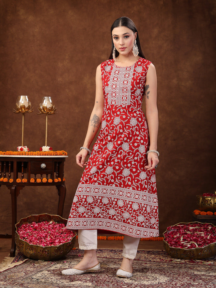 Red-Rayon-Printed-Embroidered-A-Line-3-Piece-Kurta-Set