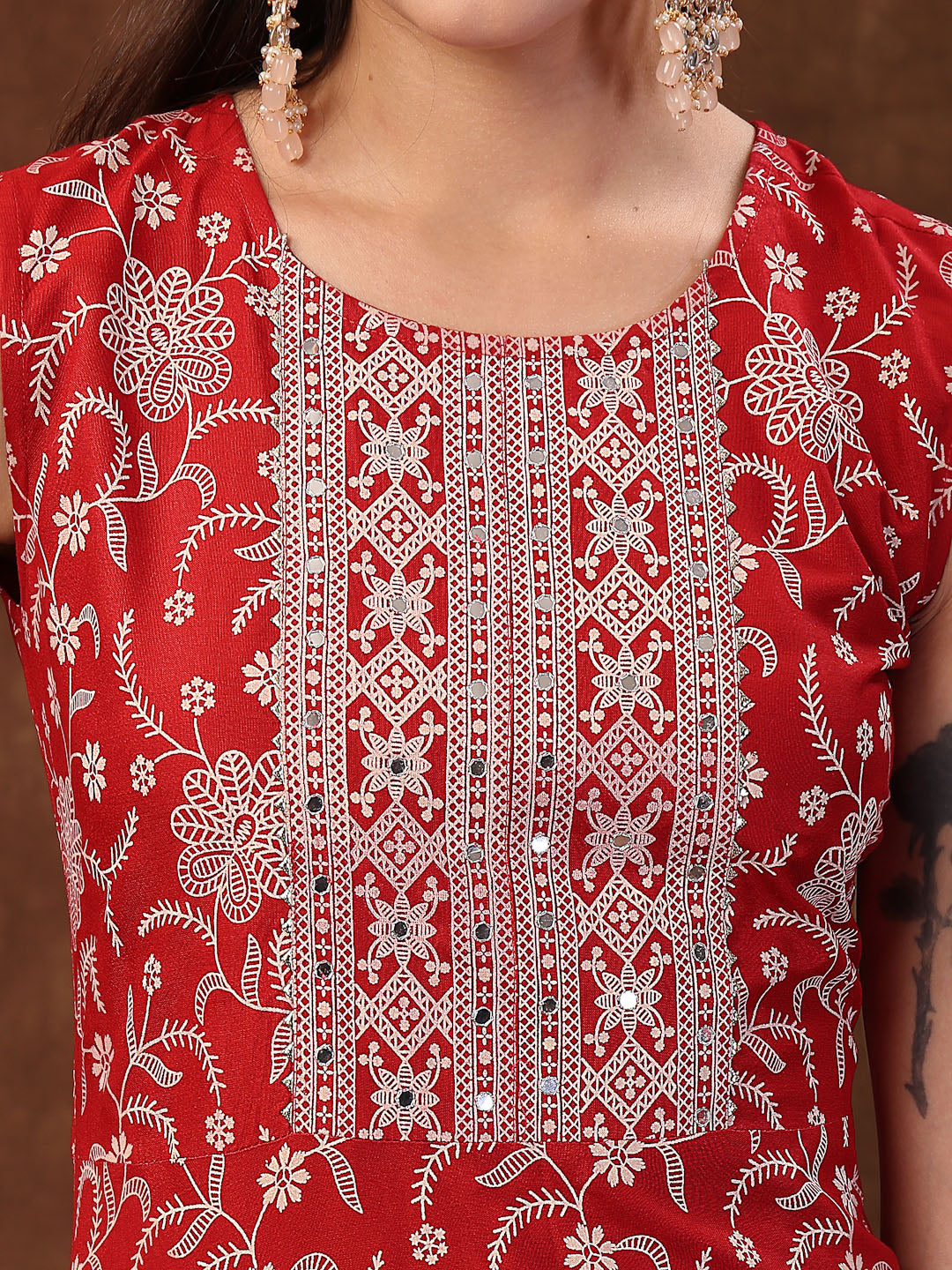 Red-Rayon-Printed-Embroidered-A-Line-3-Piece-Kurta-Set