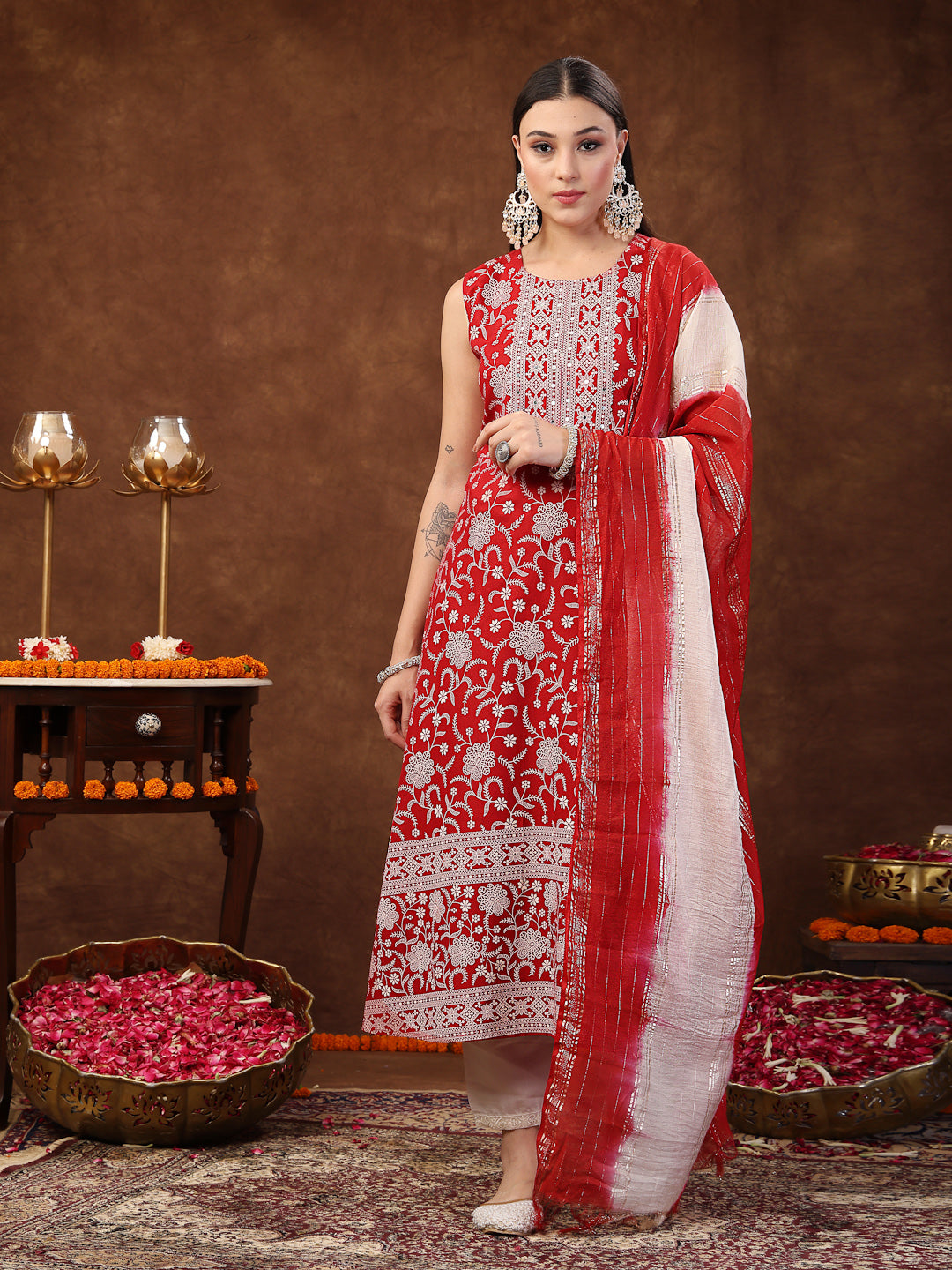 Red-Rayon-Printed-Embroidered-A-Line-3-Piece-Kurta-Set